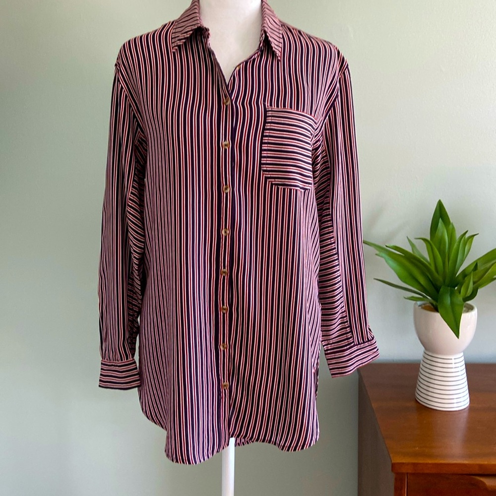 Anthropologie Maeve Striped Tunic Length Button Down EUC Size Small